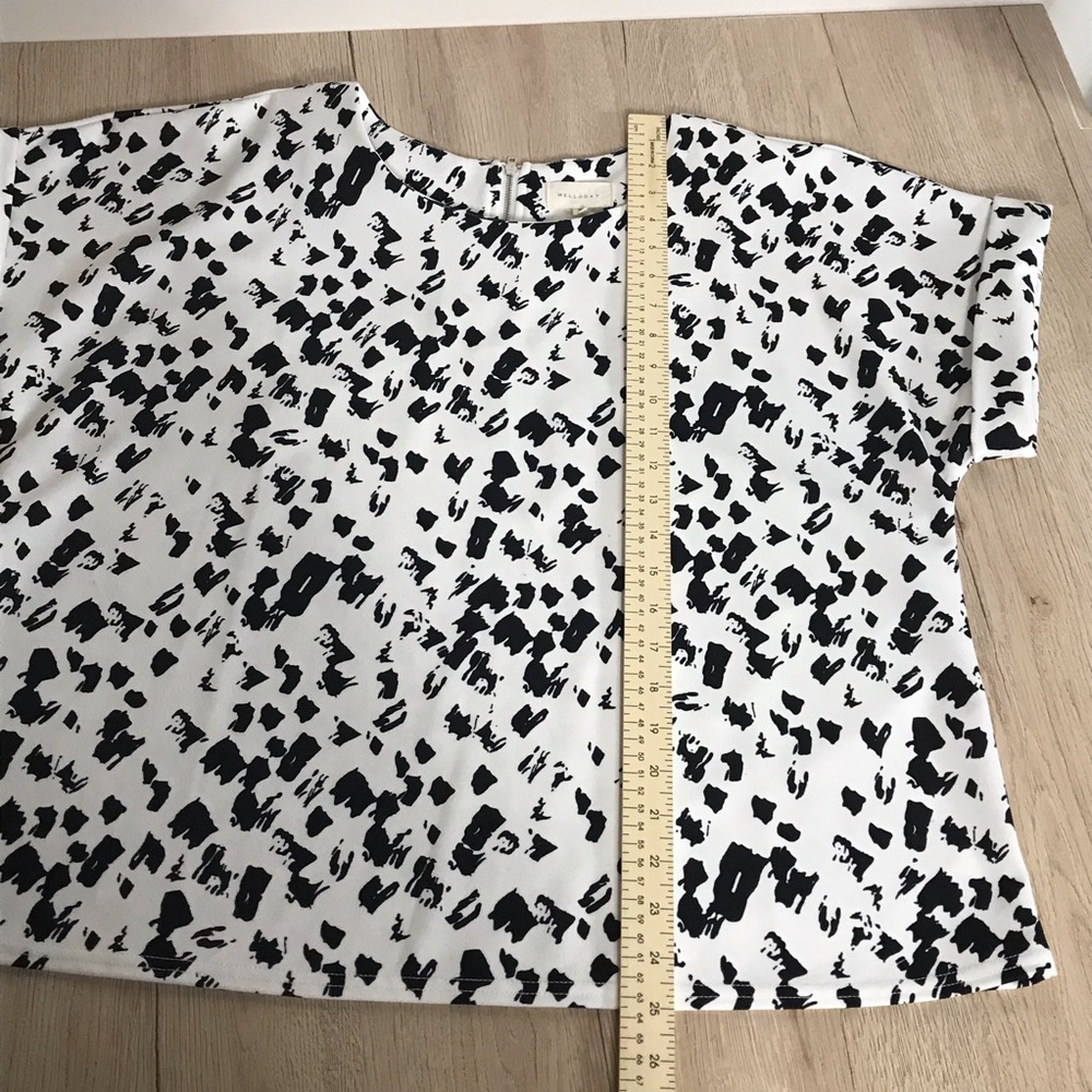 Melloday Short Sleeve Stretch Blouse Top White Black Print Size XL - Picture 9 of 11